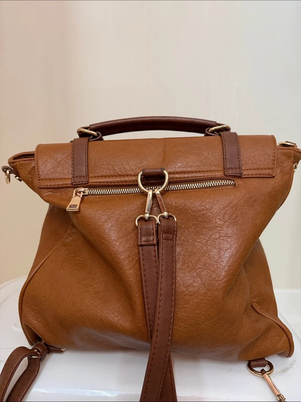 Classic Tan Faux Leather Satchel Handbag